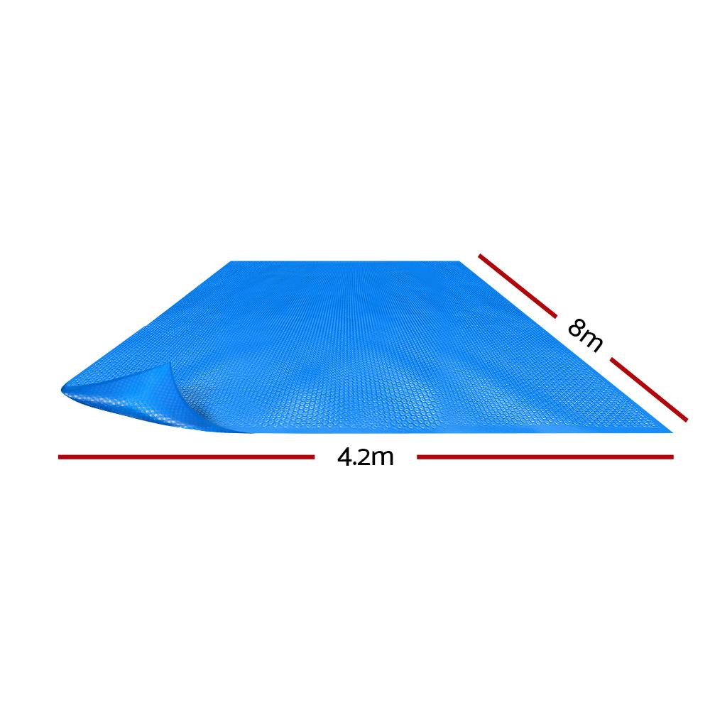 Aquabuddy 8M x 4.2M Solar Swimming Pool Cover made of durable 400 Micron polyethylene, designed to retain heat and reduce evaporation.